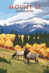 Mount Si, Washington - Elk and Mountains - Lantern Press Artwork