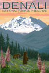Denali National Park & Preserve, Alaska - Bear & Spring Flowers - Grizzly Bear - Lantern Press Artwork