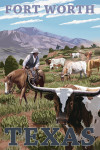Fort Worth, Texas - Lantern Press Artwork - Longhorns