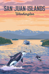 San Juan Islands, Washington - Painterly - Orca & Ferry Sunset Scene