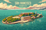 San Francisco, California - Painterly - Alcatraz with Golden Gate Bridge