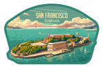 San Francisco, California - Alcatraz with Golden Gate Bridge - Painterly - Contour
