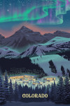 Colorado - Village under Northern Lights - Lithograph