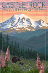 Castle Rock, Washington - Painterly - Bear and Spring Flowers
