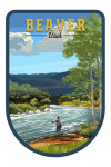 Beaver, Utah - Painterly - Fly Fisherman and River Rapids - Contour