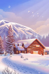 Lithograph - Mountain Lodge - Winter Scene