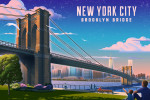 New York City, New York - Lithograph - Brooklyn Bridge at Dusk