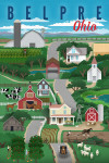 Belpre, Ohio - Retro Countryside - Blue & Red Text