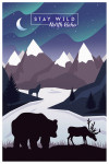 North Idaho - Northern Lights - Night Scene - Stay Wild - Bear & Mountain Silhouette