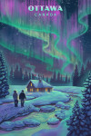 Ottawa, Ontario - Lithograph - Northern Lights & Cabin
