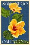 San Diego, California - Letterpress - Yellow Hibiscus
