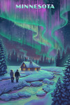 Minnesota -  Lithograph - Northern Lights & Cabin