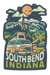 South Bend, Indiana - Distressed Vector - Camper Van in Mountains - Contour