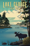 Lake George, New York - Lithograph - Moose and Lake