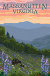 Massanutten, Virginia - Painterly - Black Bear & Cubs Spring Flowers