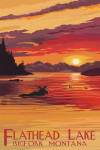 Bigfork, Montana - Painterly - Moose at Sunset - Flathead Lake