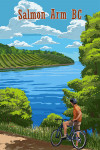 Salmon Arm, British Columbia - Painterly - Biker, Lake & Vineyard