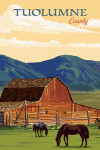Sonora, California - Painterly - Red Barn & Horses - Tuolumne County