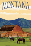 Montana - Painterly - Red Barn & Horses