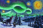 Starry Night - Northern Lights with Wolf and Cubs