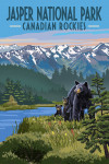 Jasper National Park - Painterly - Black Bear with Cubs - Summer Scene - Canadian Rockies
