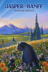 Jasper, Banff, Alberta - Lithograph - Bear Family in Field with Mountains - Canadian Rockies