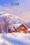 Oregon - Lithograph - Mountain Lodge - Winter Scene