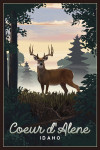 Coeur d'Alene, Idaho - Deer & Sunrise - White Script