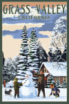 Grass Valley, California - Painterly - Snowman Scene