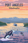 Port Angeles, Washington - Painterly - Orca & Ferry Sunset Scene
