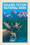 Grand Teton National Park - Moose in Lake - Woodblock - Lantern Press Artwork