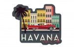 Havana, Cuba - Buildings & Vintage Car - Vector - Contour - Lantern Press Artwork