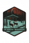 Up North, Wisconsin - Deer & Cabin in Winter - Woodblock - Contour - Lantern Press Artwork