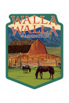 Walla Walla, Washington - Red Barn & Horses - Contour - Lantern Press Artwork